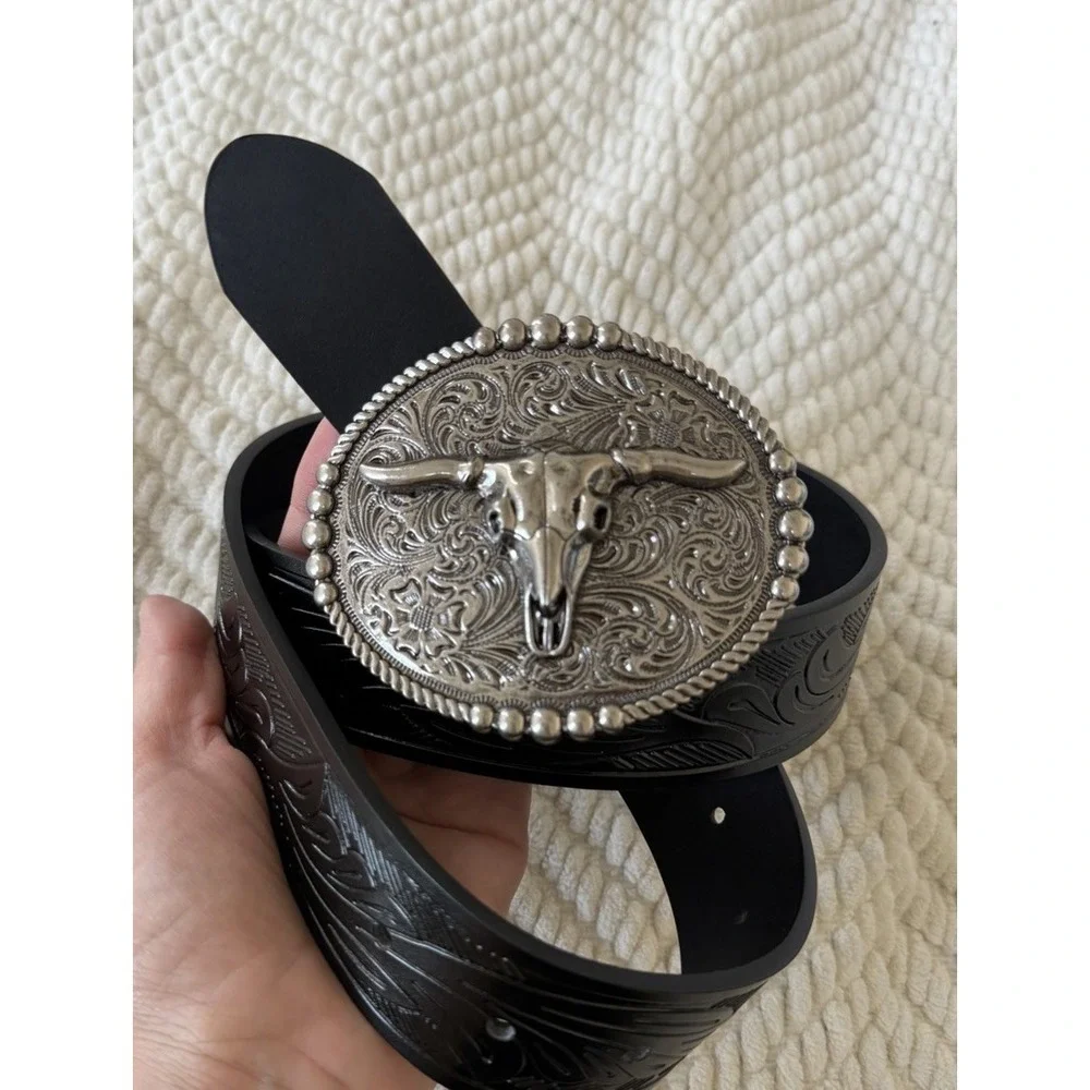 Black Western Cowboy Belt with Silver Longhorn Skull Buckle‎ Waist 42